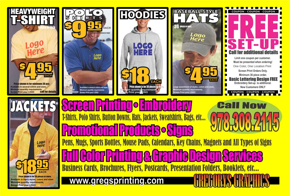 gregorys graphics, screen printing, embroidery, business cards, graphic design, saugus, wakefield, melrose, everett, malden